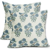 Blue Floral Block Print Pillow Covers 18x18 Light Blue Green Chinoiserie Flowers Birds Monsoon Decorative Pillows Outdoor Linen Farmhouse Cushion Case Pillowcase for Sofa Bed Room Decor Set of 2
