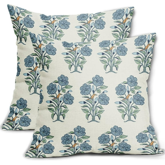 Blue Floral Block Print Pillow Covers 18x18 Light Blue Green Chinoiserie Flowers Birds Monsoon Decorative Pillows Outdoor Linen Farmhouse Cushion Case Pillowcase for Sofa Bed Room Decor Set of 2