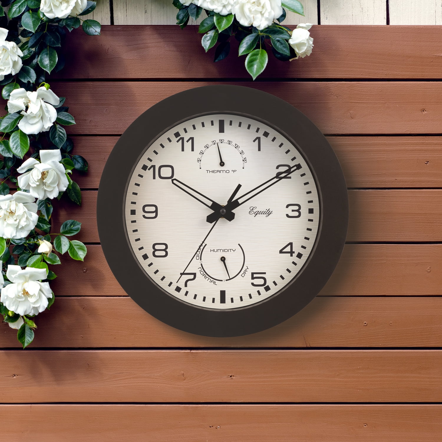 Equity 10-Inch Indoor/Outdoor Waylon Quartz Wall Clock, 10", Brown. 29005