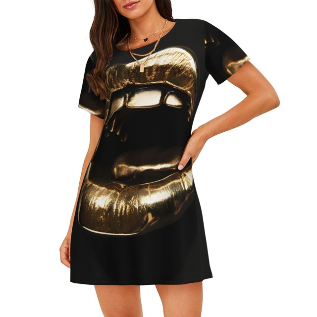 Easygdp Golden Lips Modern Sculpture Camisón de manga corta para mujer, informal, estampado