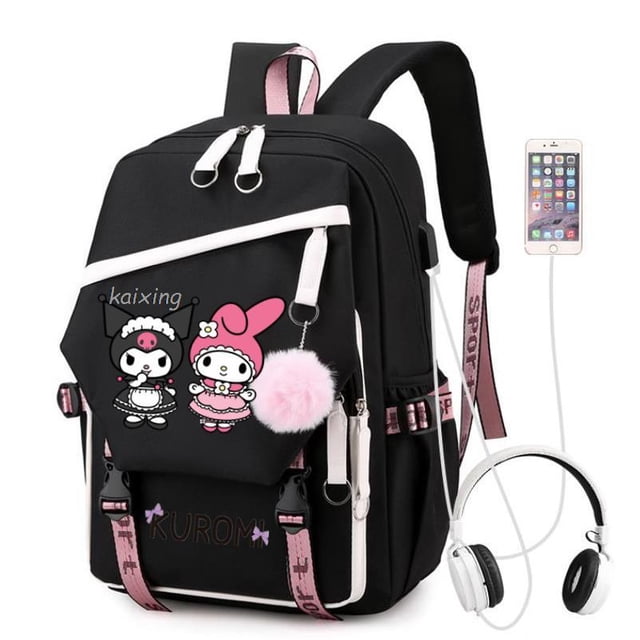 Melody Kuromi-mochila de Cosplay para hombre y mujer, morral grande con carga USB para ordenador portátil, mochila escolar de viaje para ocio GYM unisex