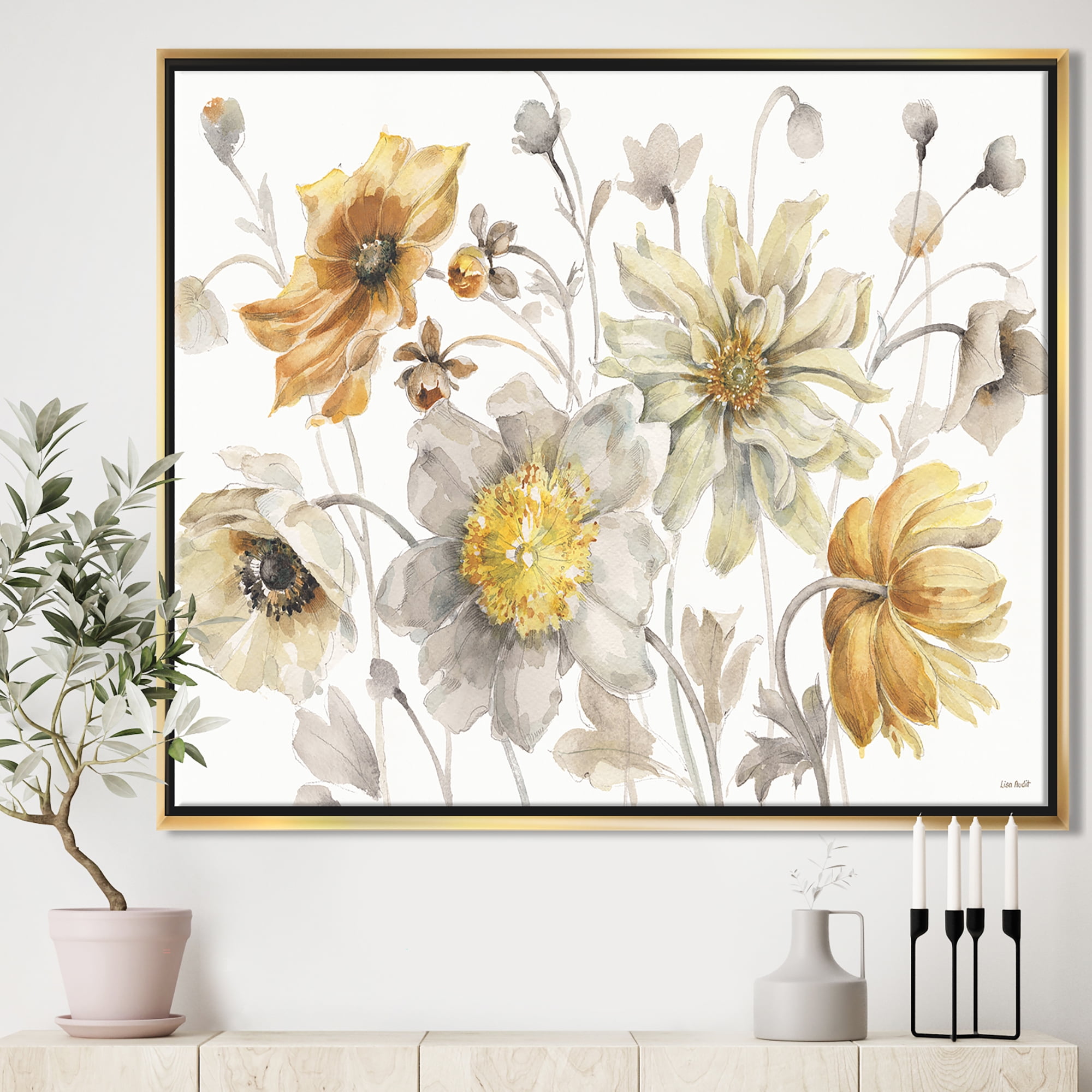 Designart ' Fields of Gold Watercolor Flower VII ' Traditional Framed Canvas