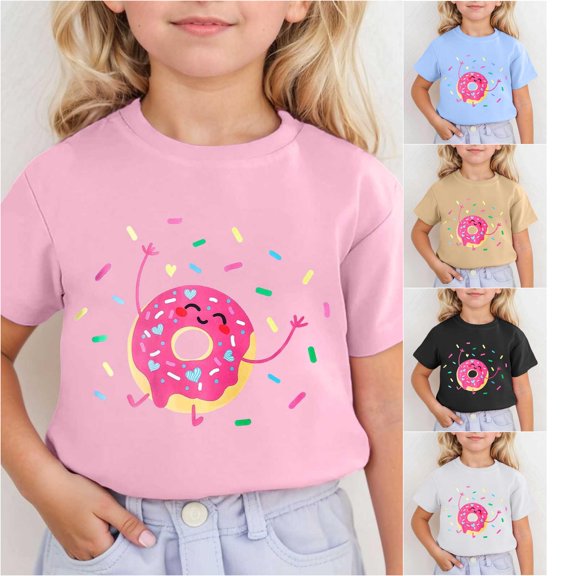 Trendfront Girls Donut Graphic Shirt Sweet Treat Print Summer Tee Crewneck Short Sleeve Casual T-Shirt Trendy Playwear Tops for Girls