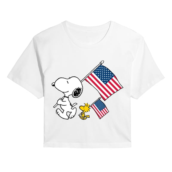 Peanuts - Snoopy & Woodstock USA Flags - Juniors Cropped Graphic T-Shirt