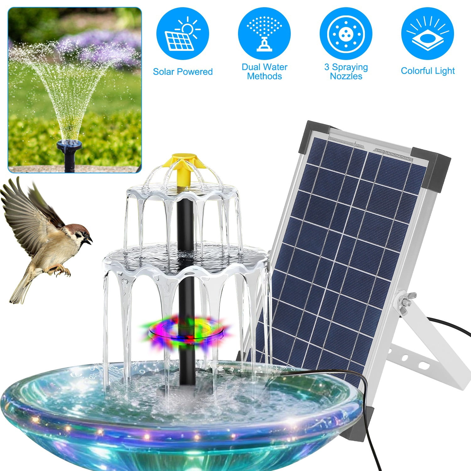 Riwcyla 6W Solar Powered Bird Bath Fountain, Dual-Mode Water Feature with LED Lights, IP68 Waterproof Solar Fountain Pump for Garden Patio Outdoor