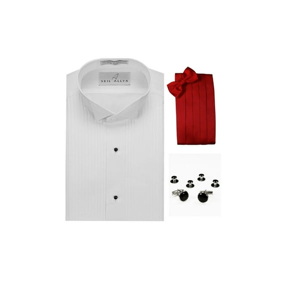 Wing Collar Formal Tuxedo Shirt, Red Cummerbund, Bow-Tie, Cuff Links & Studs Set