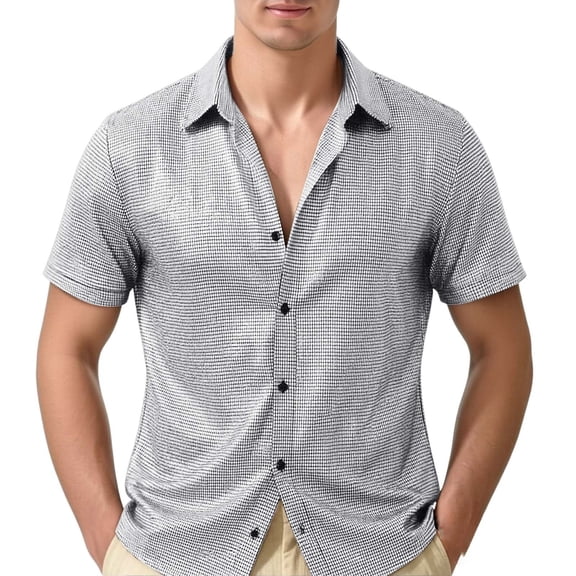 LNWUY Men's Sequin Disco Shirt Metallic Short Sleeve Button Down Shirts Collared Neck Sparkle Party Shirt Clubwear Silver S