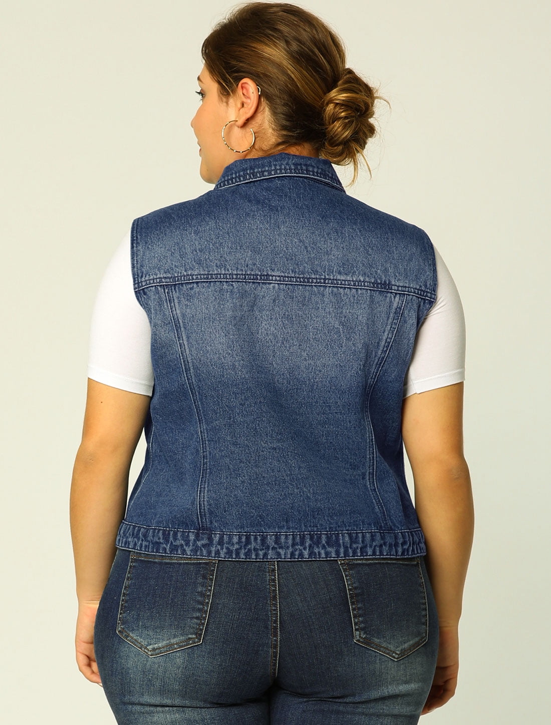 Unique Bargains Juniors' Plus Size Chest Pockets Single Breasted Denim Vest