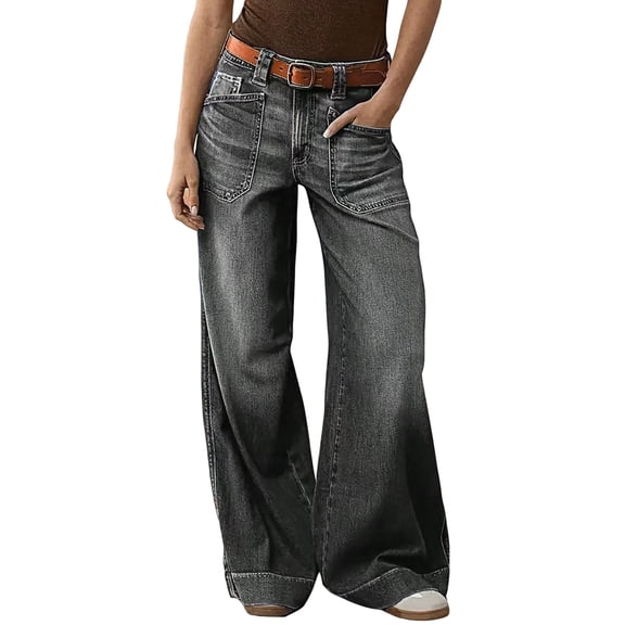 Womens Wide Straight Leg Mid Rise Baggy Pocket Denim Jeans Without Belt Black L