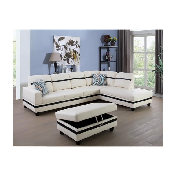 L Shape Sectional Sofa Sets - Modern Living Room Furniture with OttomansPillows - WhiteBlack
