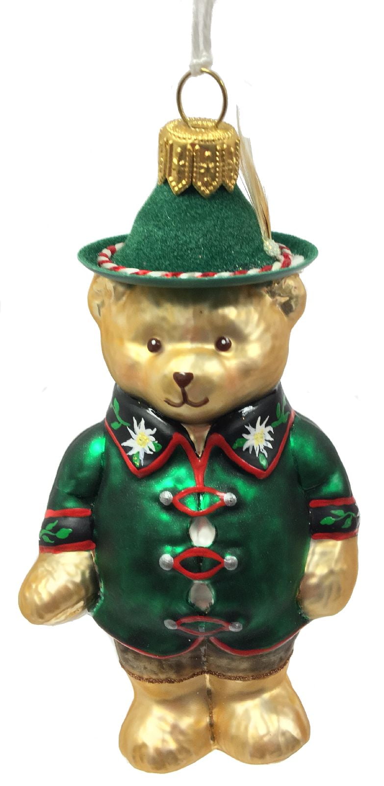 German Bear Glass Christmas Ornament – Hand-Painted, Wearing Hat & Edelweiss Shirt, 5" Tall (Made In Poland)