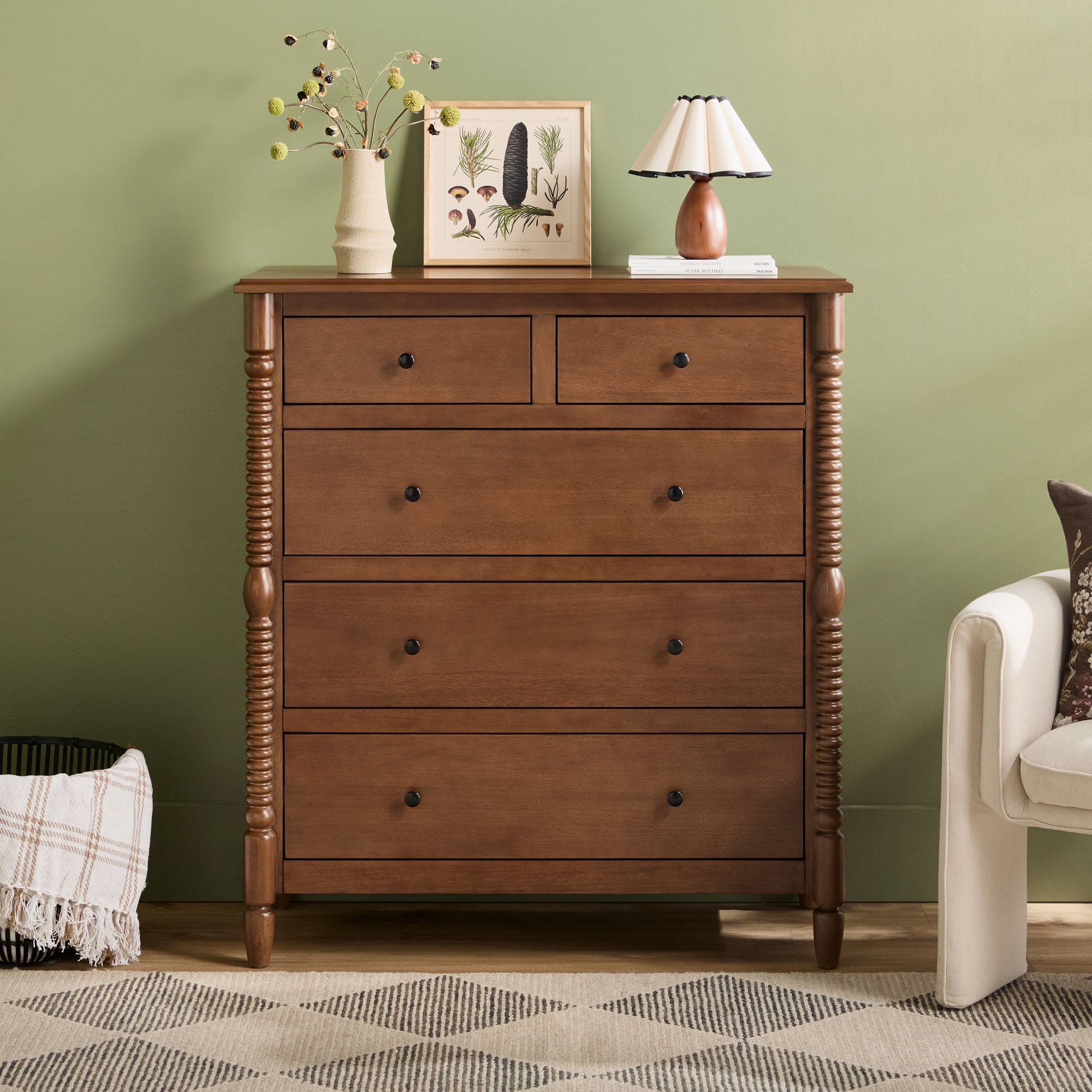 Vivienne Walker Edison Easy Assembly Solid Wood Spindle 5-Drawer Dresser - Dark Brown
