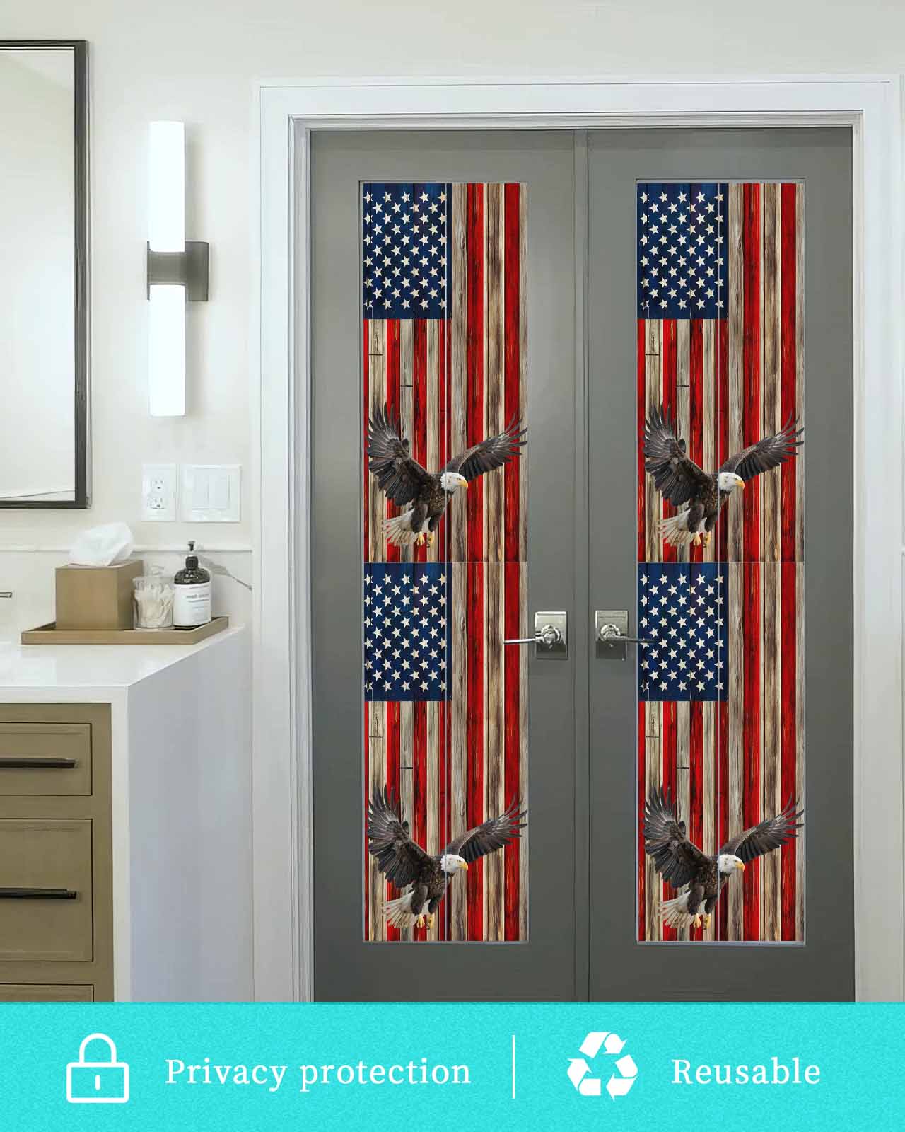 American Flag Window Privacy Film Stained Glass Window Film Decorative Windows Cover Static Windows Cling for Glass Door Eagle Blue Red USA Flag Retro Stickers for Bathroom 23.6"x78.7"