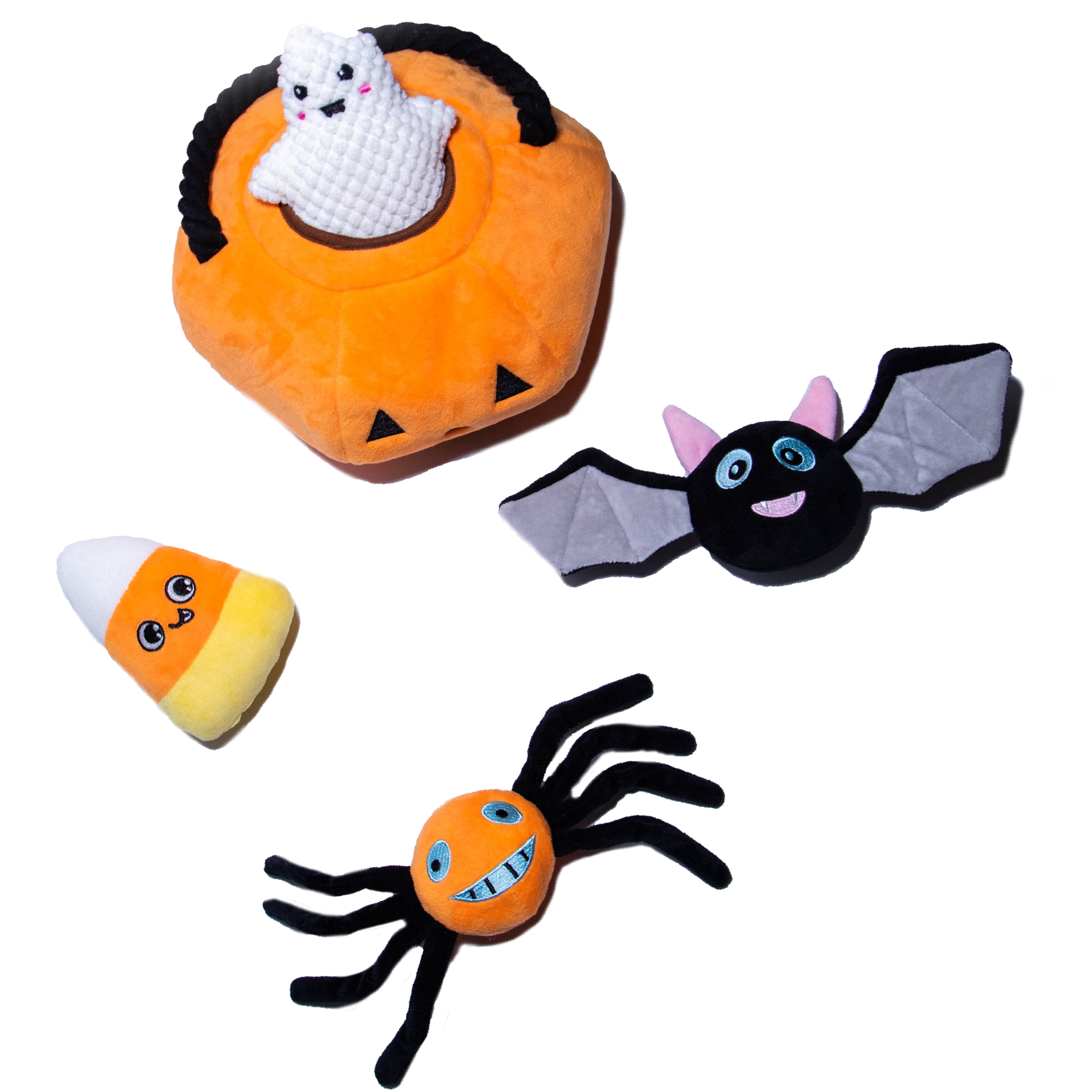 Halloween Jack O Lantern Hide and Seek Dog Toy with 4 Interactive Plush Toys