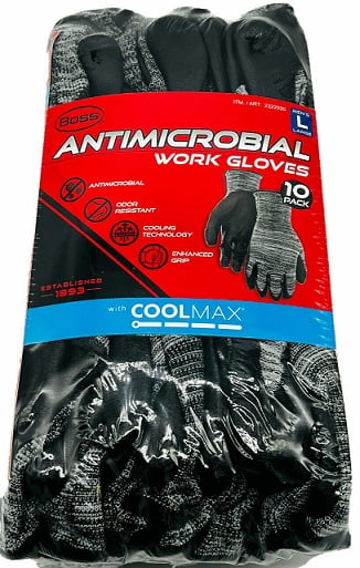 BOSS ANTIMICROBIAL WORK GLOVES 10 PACK MEN’S SIZE LARGE WT COOL MAX TECHNOLOGY