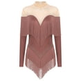 thumbnail image 3 of Miutii Women's Fringe Latin Dance Leotard Sheer Mesh Long Sleeve Tango Jazz Gymnastics Leotard Dusty Pink M, 3 of 4