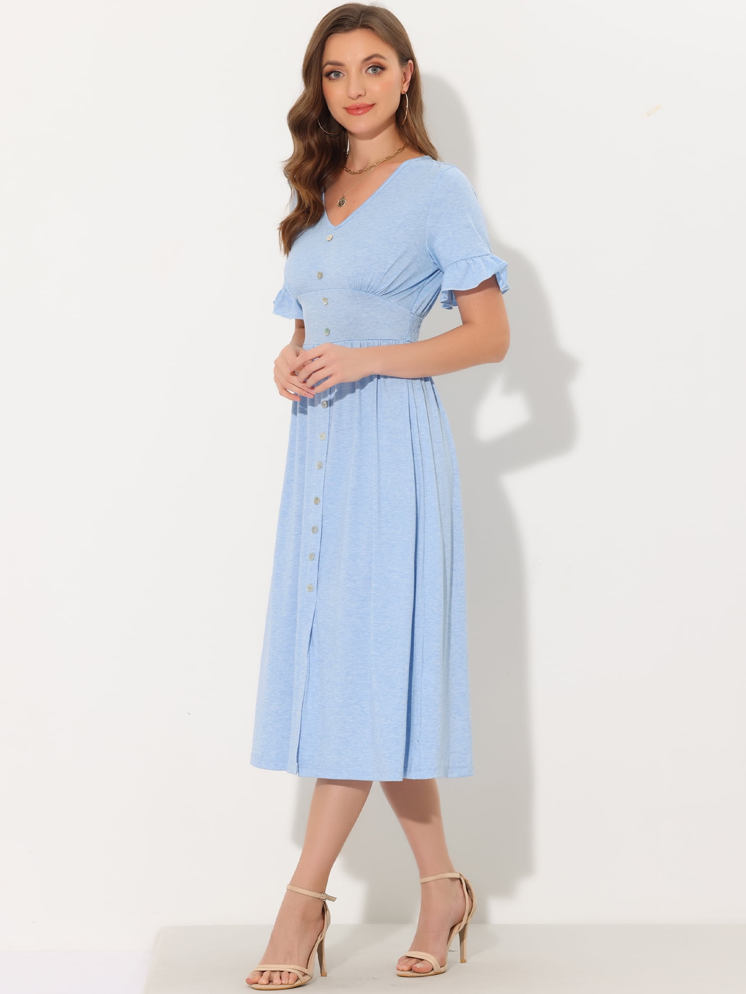 Unique Bargains Women's V Neck Button Flutter Sleeve Smocked High Waist Midi Dress L Blue