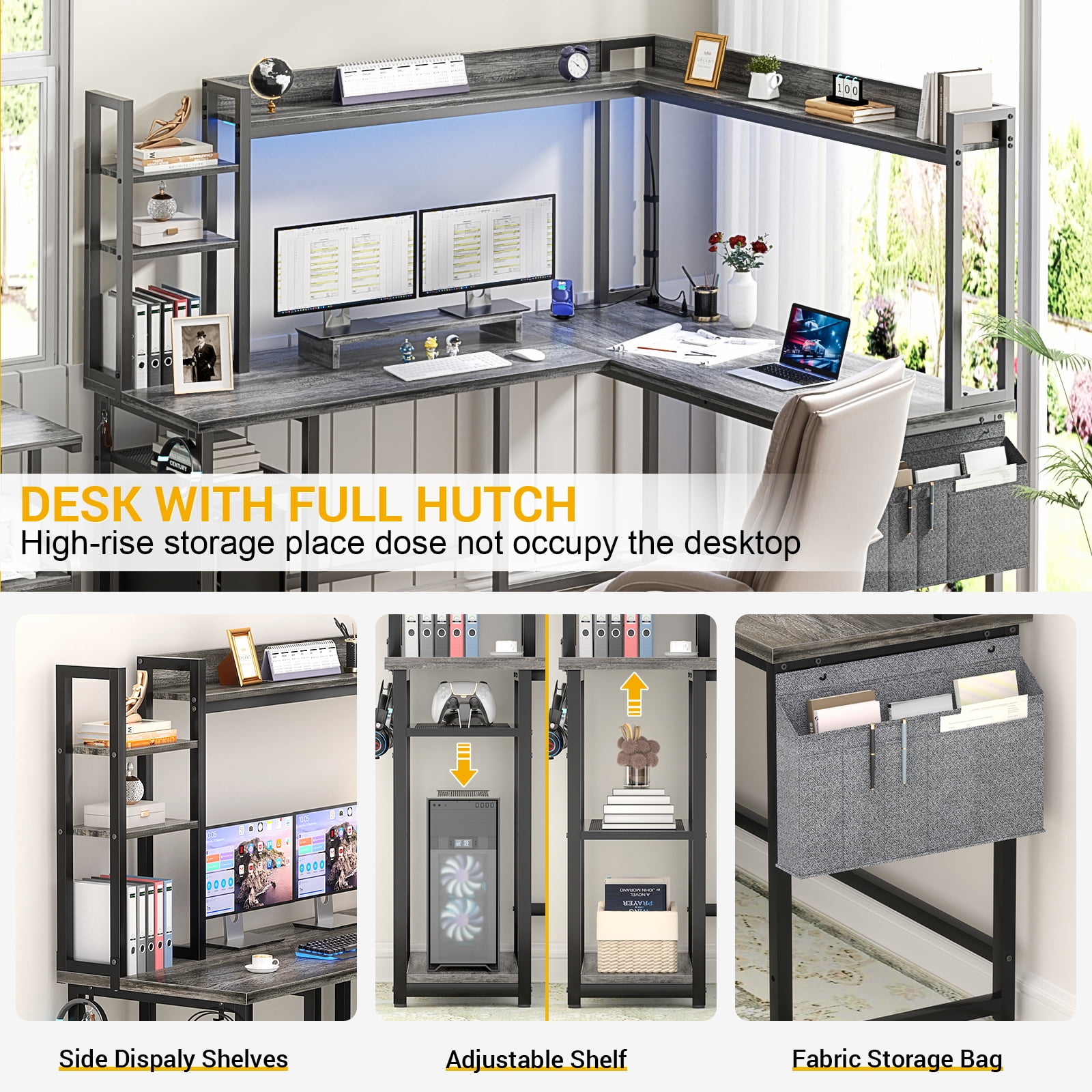 Homieasy L Shaped Desk with Power Outlet and LED lights, Reversible Corner Computer Desk with Hutch and Storage Shelf, Ergonomic L-Shaped Gaming Desk with Monitor Stand for Home Office, Black Oak