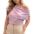 thumbnail image 4 of LEKWK Off the Shoulder Tops for Women Short Sleeve Crew Neck Ruched T-Shirt Loose Fit Solid Asymmetrical Blouses Summer Fashion Going Out Tops, 4 of 5