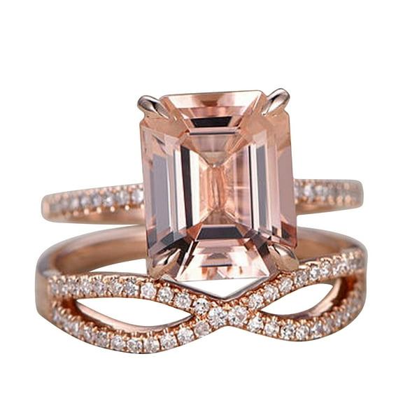 Vintage Look 7x9mm Emerald Cut 4.5 Carat Morganite Engagement Ring Set Accents Diamond Moissanite 10k Rose Gold