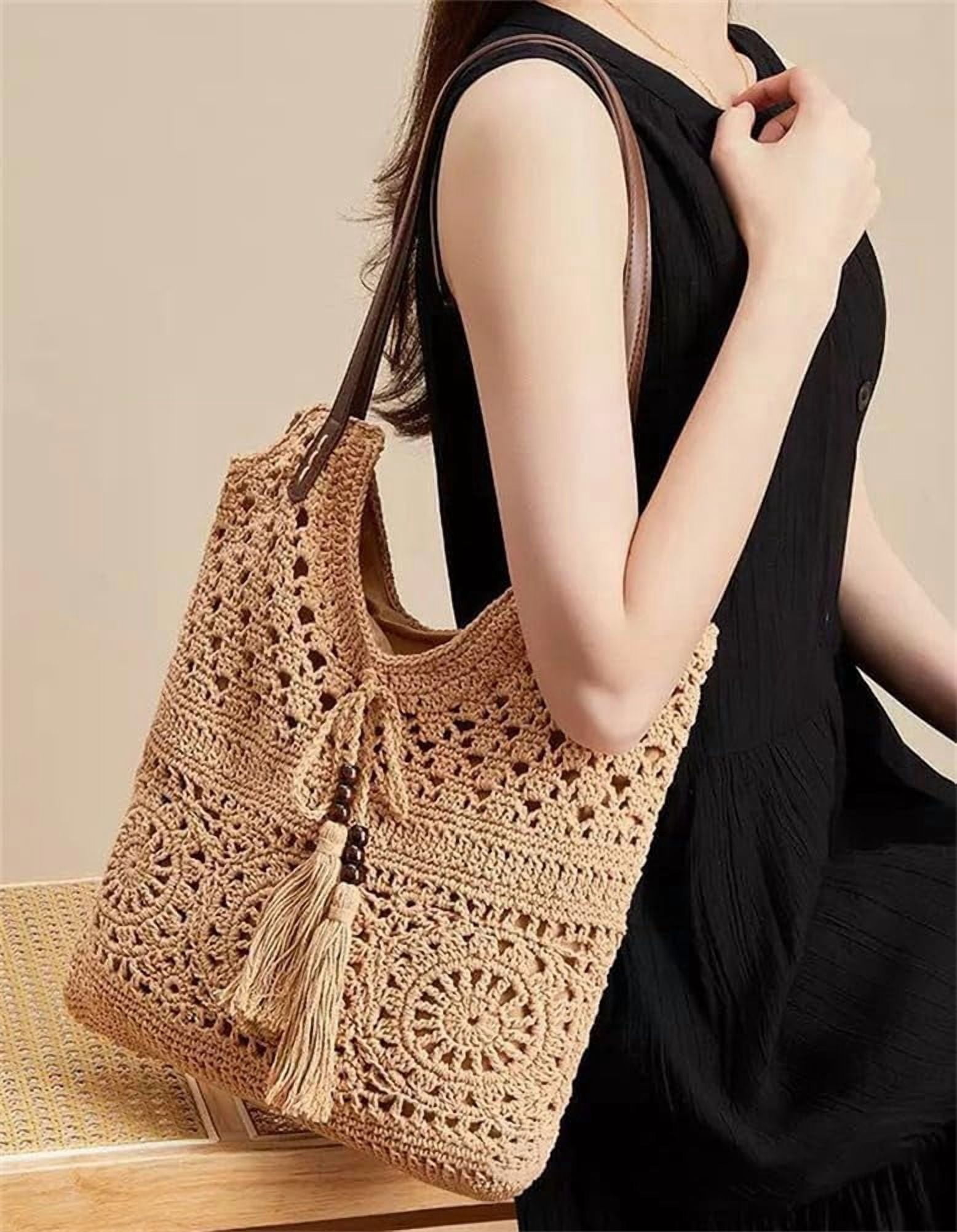 Boho Crochet Summer Handbag Handmade Cotton Rope Knit Shoulder Bags for Women Bohemia Tote for Travel Straw Hobo Bag