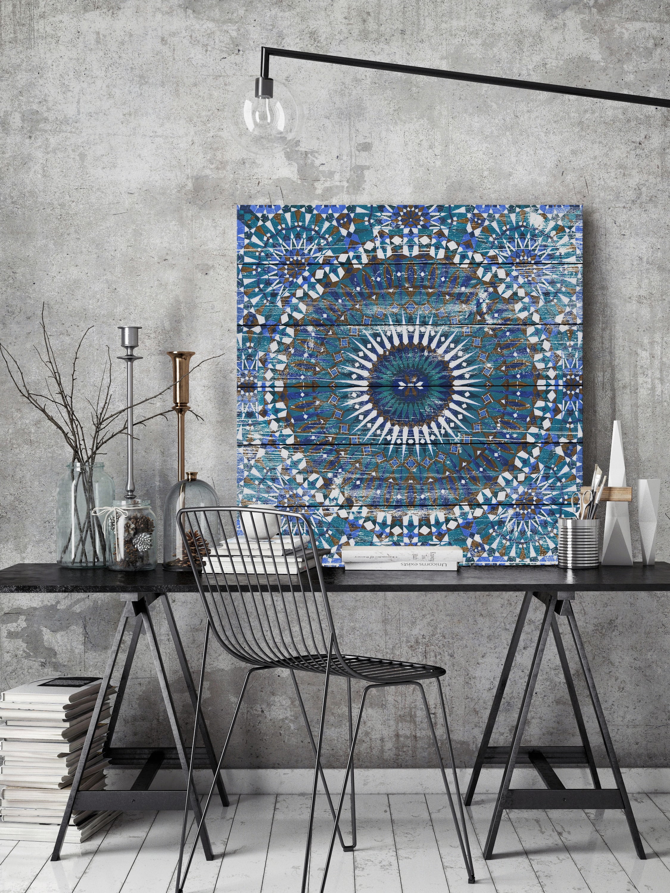 Marmont Hill Morrocan Blue White Wood Wall Art, 12" x 12"