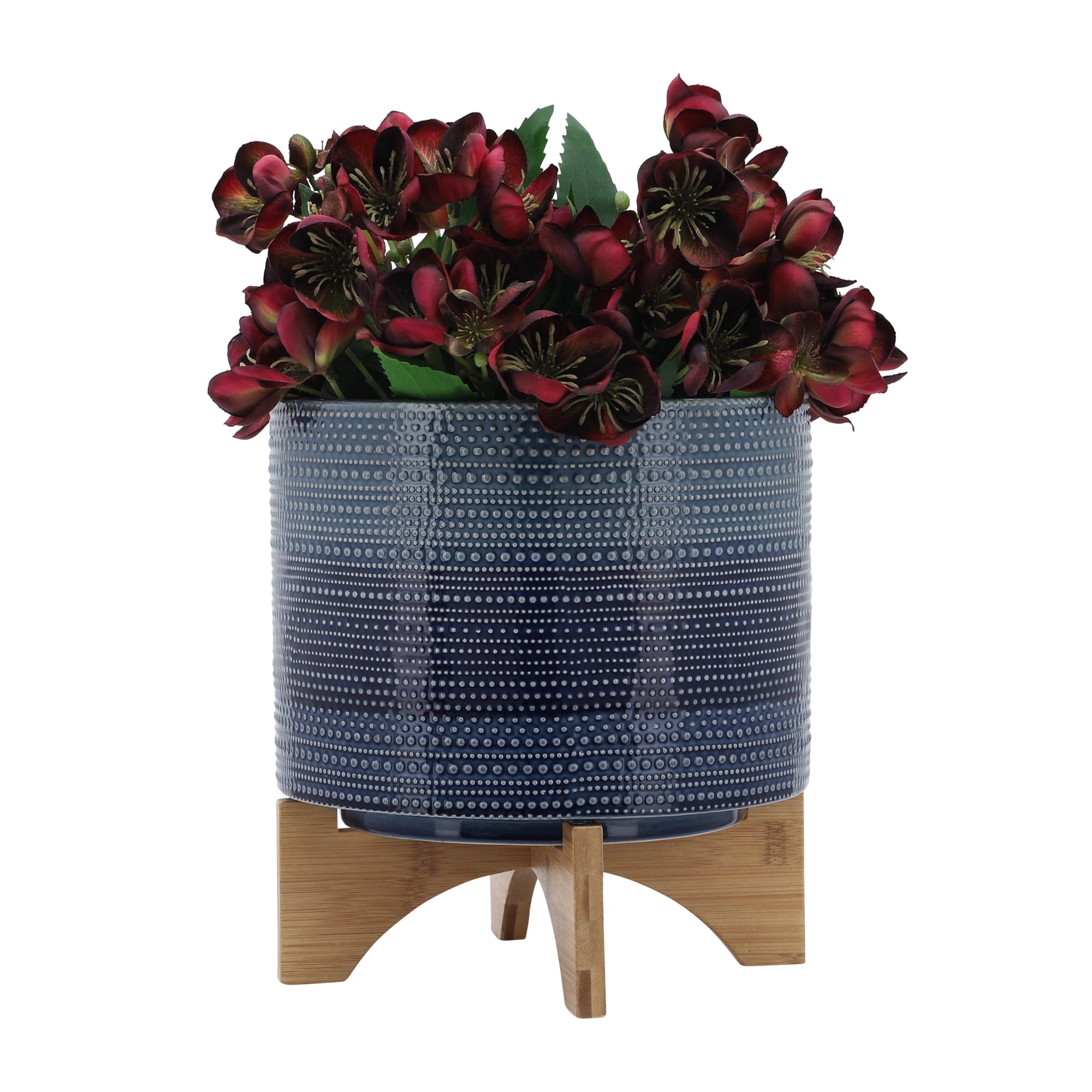 Cylindrical Dotted Flower Pots with Bamboo Stand for Home Decor - Planter for Indoor and Outdoor Plants - Decorative Plant Pots Ceramic Planter for Garden Style Spaces - 11", Blue