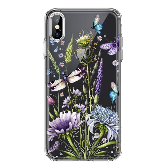 MUNDAZE Apple iPhone XS Max Shockproof Clear Hybrid Protective Phone Case Lavender Dragonfly Butterflies Spring Flowers Cover