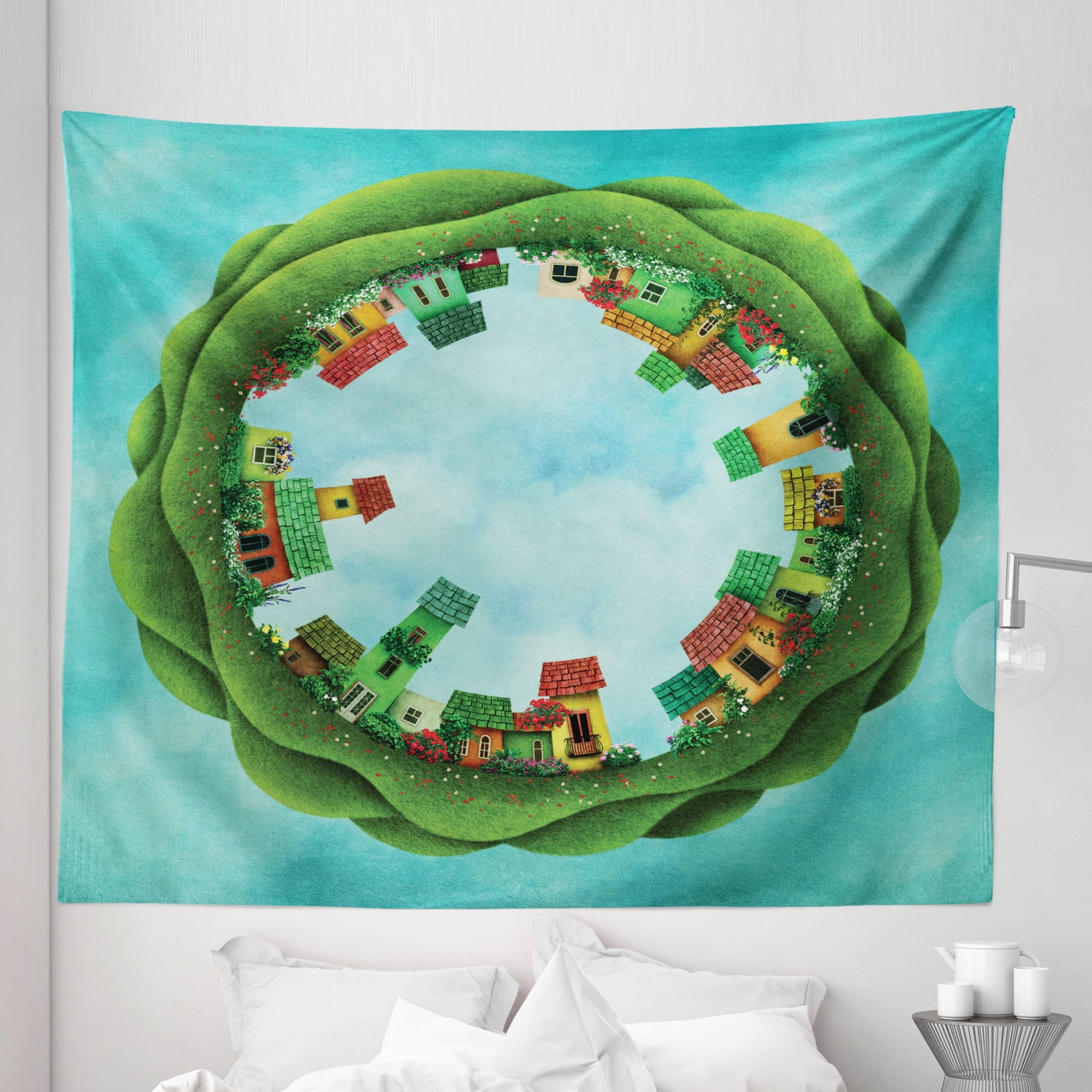 Fantasy Tapestry, Small Town Illustration Surrounded by Trees Eco Family Metaphor Theme Art