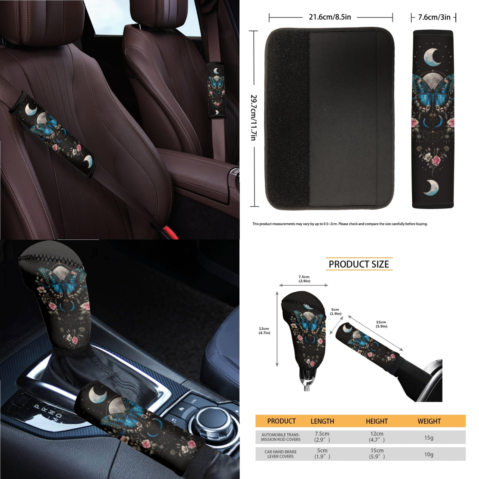 Jeiento Butterfly Car Seat Covers Full Set with Steering Wheel Cover Safe Belt Pads Moon Handbrake Cover Set Coasters Garbage Bin Rear View Mirror Cover Center Console Cover, 14 PCS