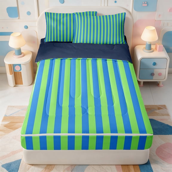 Erosebridal Minimalist Lines Zipper Twin Comforter Sets with Fitted Sheet and 2 Pillowcases,Abstract Stripes Zipper Bedding Set,Navy Blue Reversible,4 Pieces