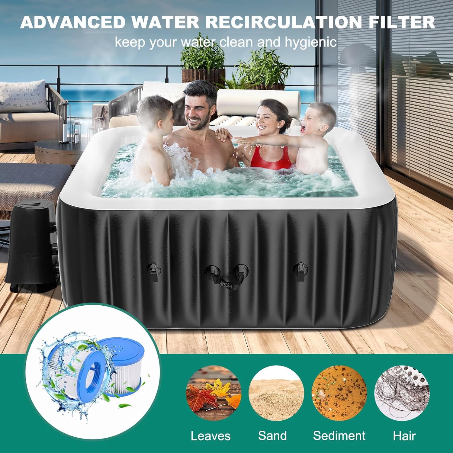 MOPHOTO 4-6 Person Inflatable Hot Tub, Large Square Portable Blow up Hot Tub, Leak-Proof PVC Outdoor Spa with 130 Air Jets, Insulated Cover and Heater Pump(73"*73"*25")