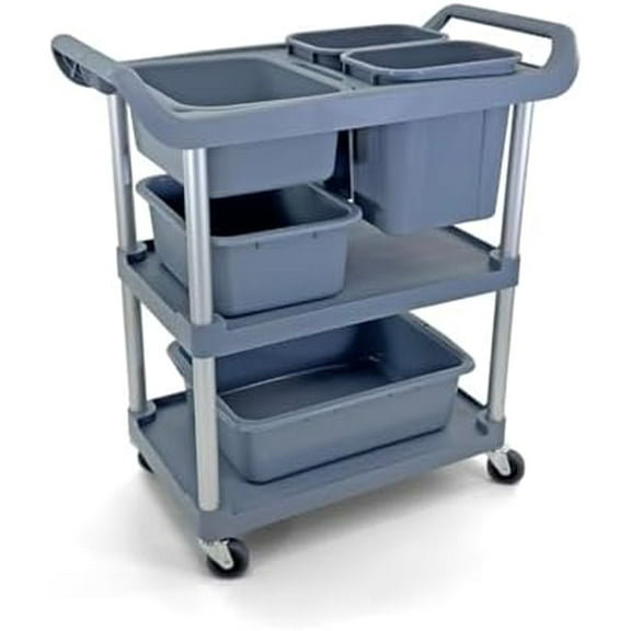 Commercial Restaurant Utility Storage Cart | 5 Bus Tubs Boxes | Multi-Function Mobile Shelving Units Organizer for Hotel | Kitchen | Gray.