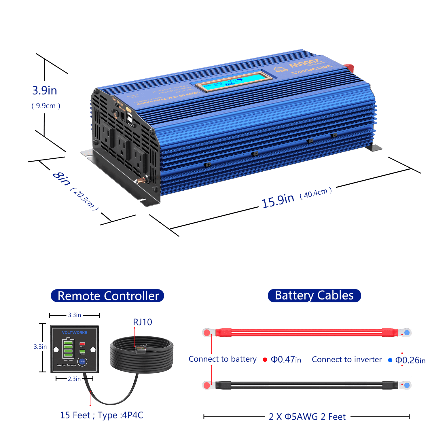 VOLTWORKS Power Inverter 2000Watts DC 12V to AC 110V 120V Modified Sine Wave Inverter with LCD Display Remote Control 2.4A USB for Car RV Truck Boat