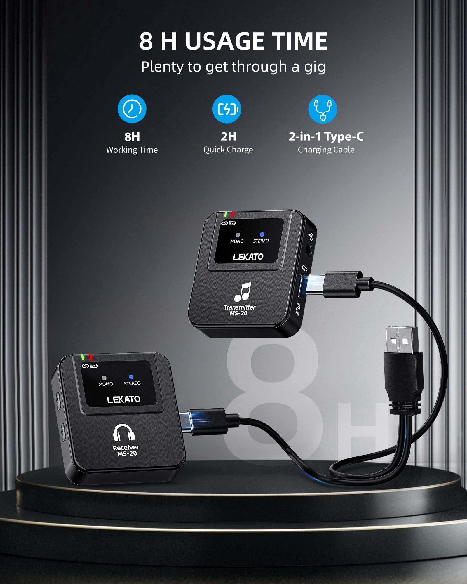 LEKATO Wireless in-Ear Monitor MS-20 2.4G IEM System Low Latency with Beltpack Transmitter Auto-Pairing Receiver OTG Support One to More in-Ear Monitoring for Live Performance Stage Singer Band