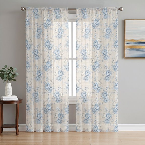 Sheer Curtains 72 Inches Long 2 Panels Set for Bedroom, Blue Floral Semi Sheer Curtains for Windows, Summer Coastal Flowers Plants Beige Voile Window Treatments Rod Pocket Curtain