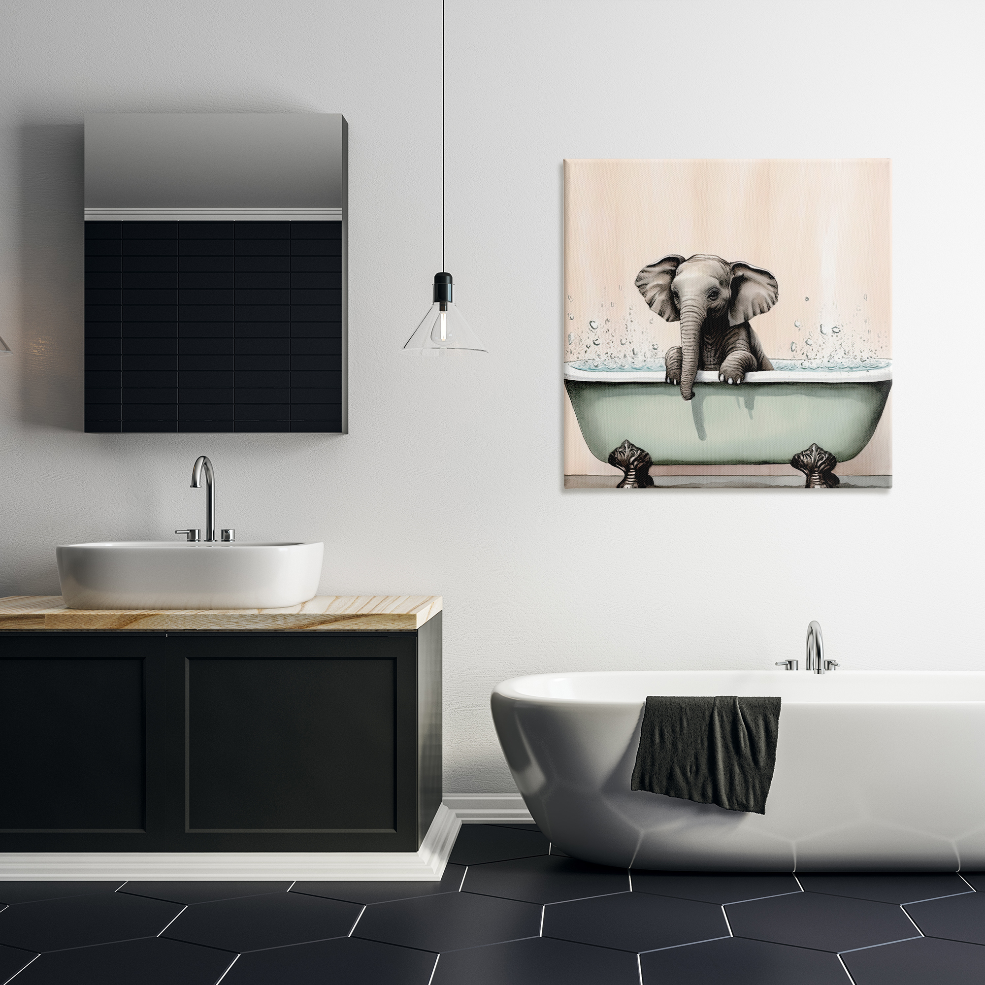 Baby Elephant Bathtime Canvas Wall Art, design by Sasha
