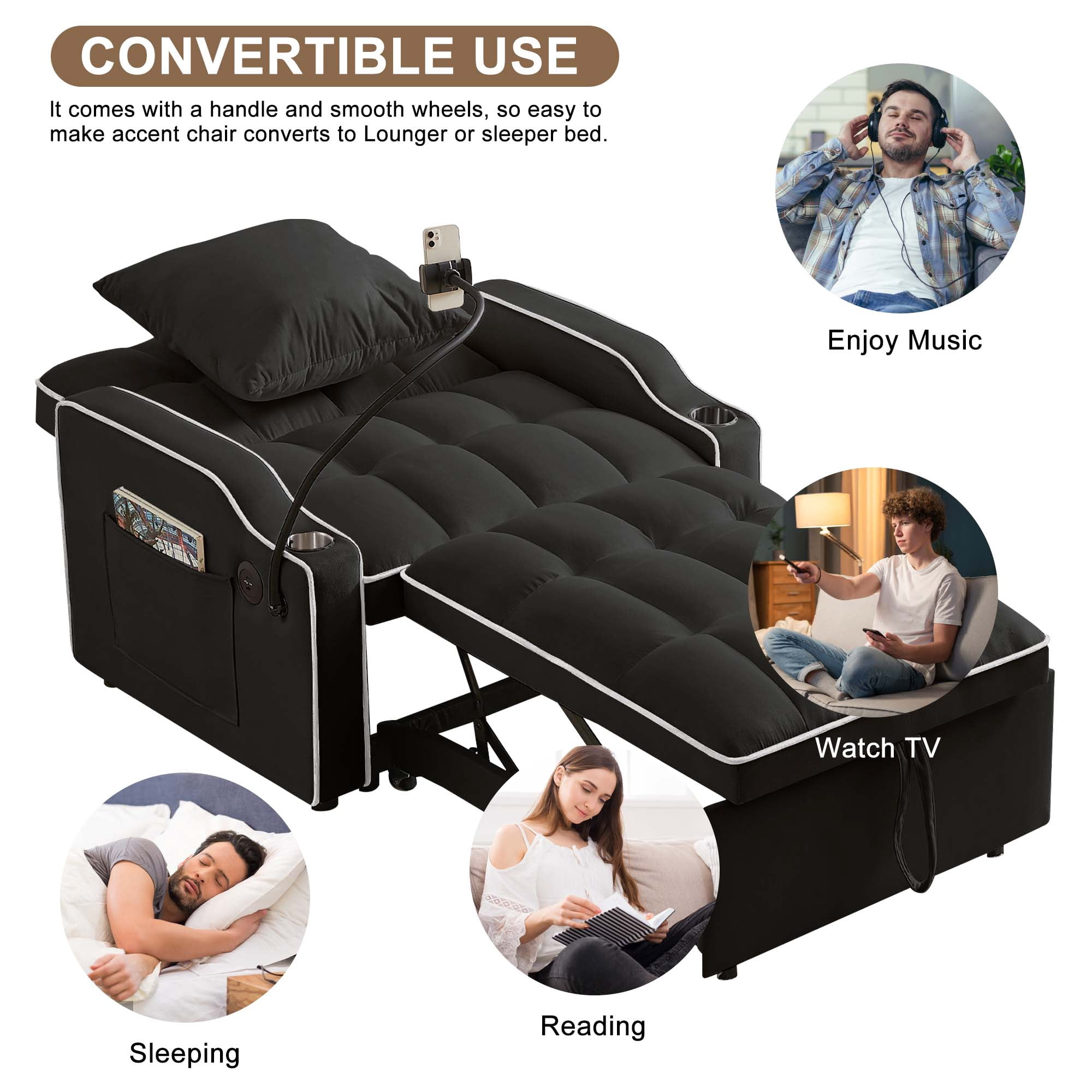 Aukfa Sleeper Chair Bed, Convertible Pull Out Sofa Bed with USB Port, Cup Holders and Swivel Phone Holder, Black