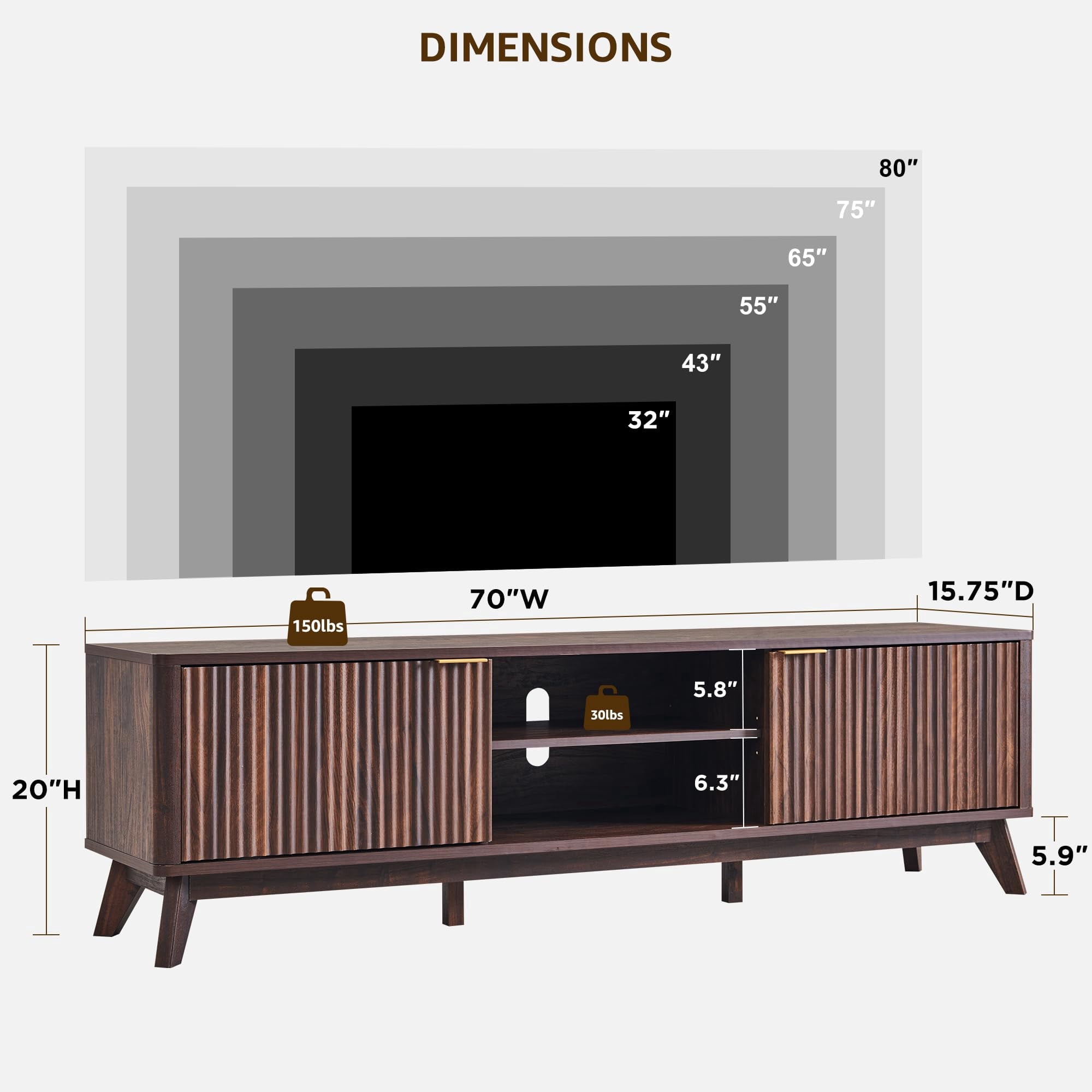 OKD 70" Modern Farmhouse TV Stand with 2 Soft Close Door, Fluted Entertainment Center Console Table, Media Furniture for Living Room, Dark Walnut