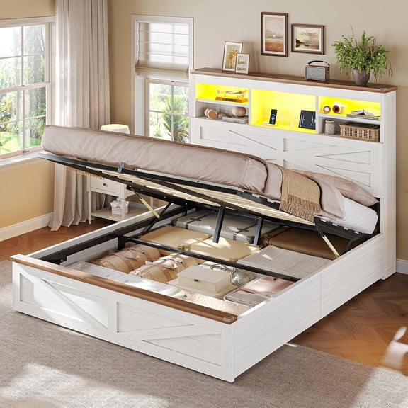 Farmhouse Full Size Bed Frame with Lift Up Storage,Antique White | Hidden Bookcase Storage Headboard, Wood Bed Frame Full with Charging Station, Led Lights, No Box Spring Needed