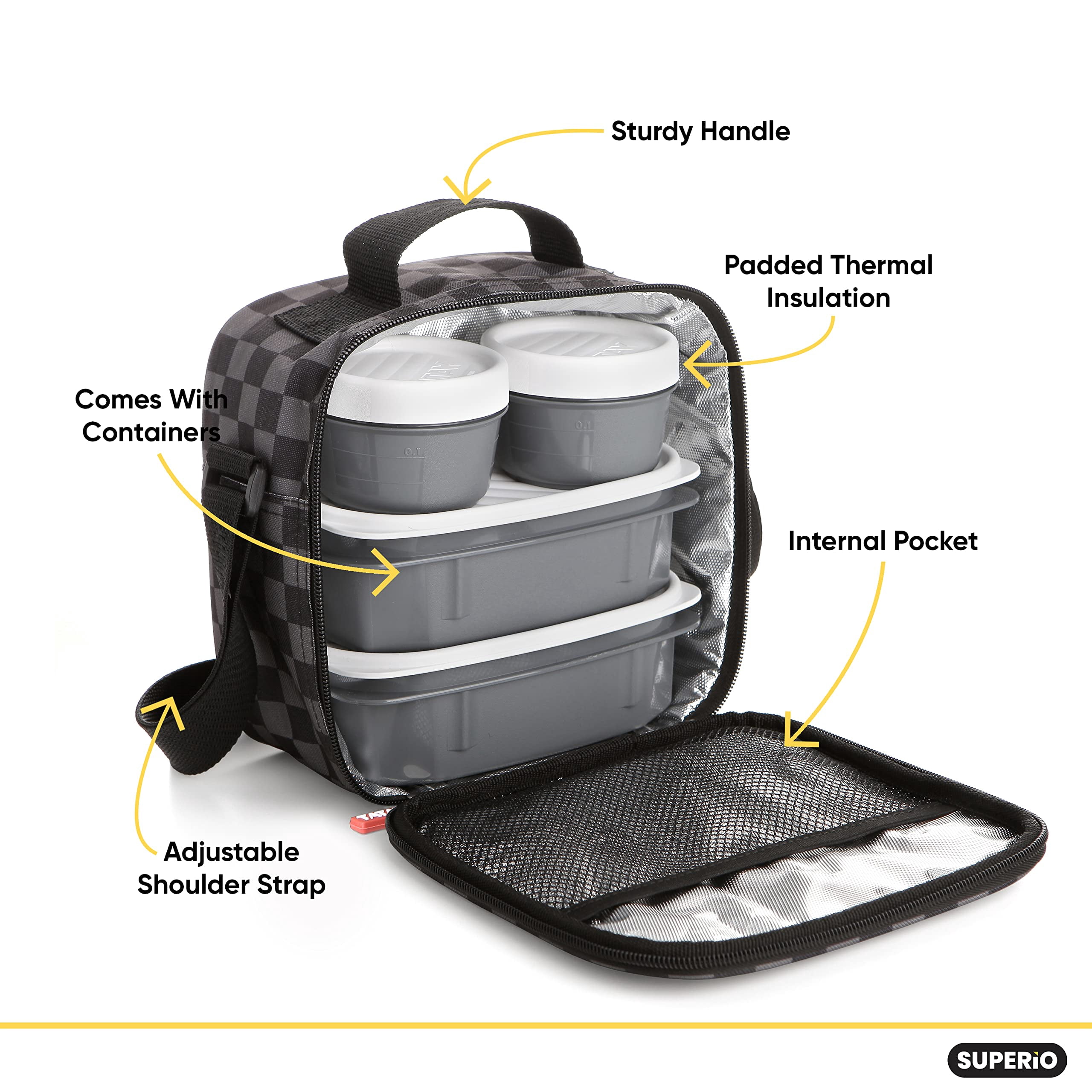 Insulated Lunch Bag with Containers, Thermal Lined Lunch Box, Reusable Leak Proof Containers for Work, Travel, and Beach, Grey Checked Small Lunch Bag with Adjustable Strap, Easy to Clean