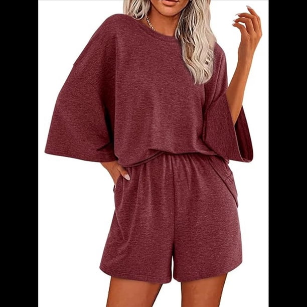Conjuntos de Pijama para Mujer, Blusas Extragrandes de 3/4 y Pantalones Cortos con Cintura Elástica, Conjuntos de Estar por Casa. Rojo Ladrillo M