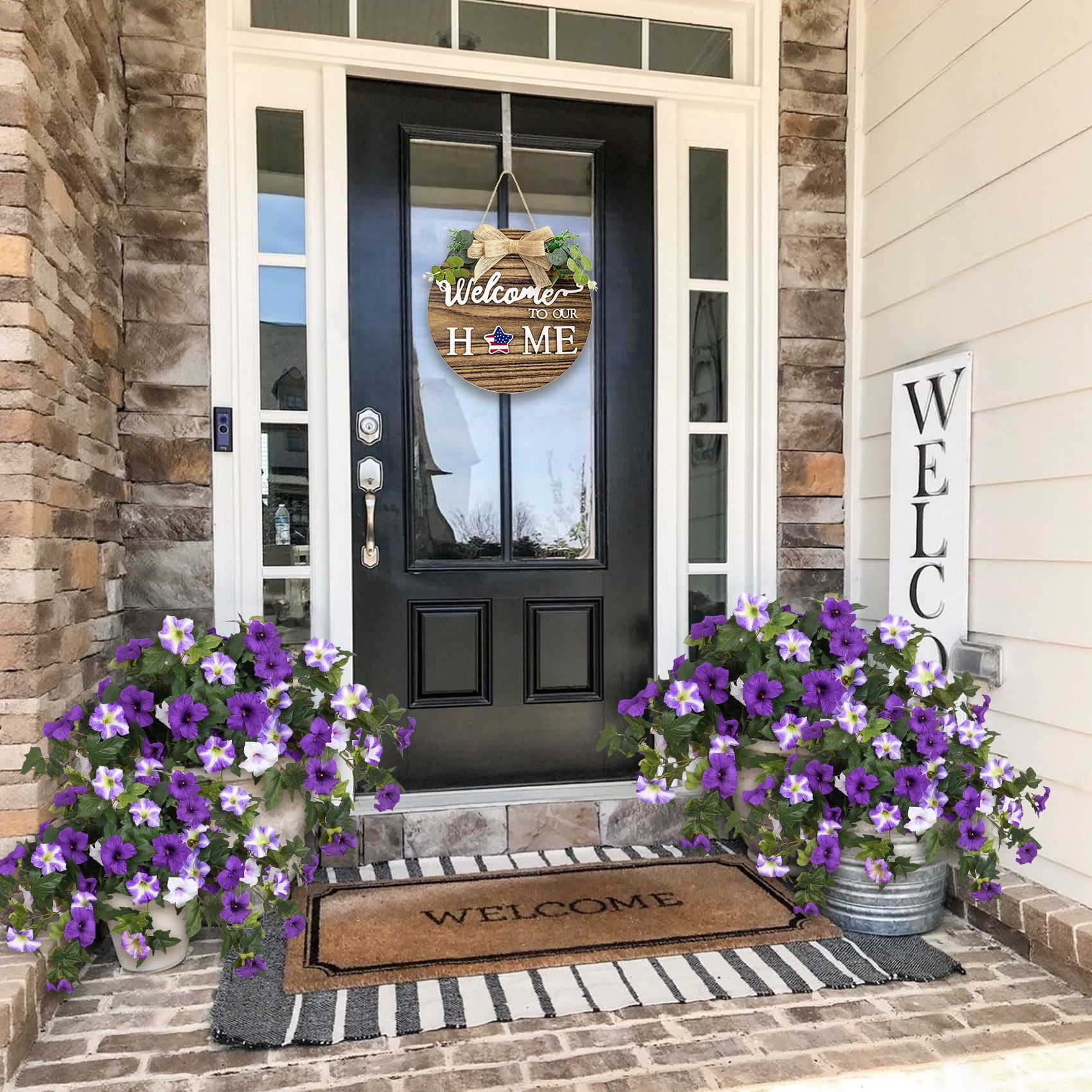 Scidweet Artificial Flowers for Outdoors, 2Pcs UV Resistant Faux Fake Petunias Silk Flower Plants for Home Garden Front Porch Indoor Decor, Purple White