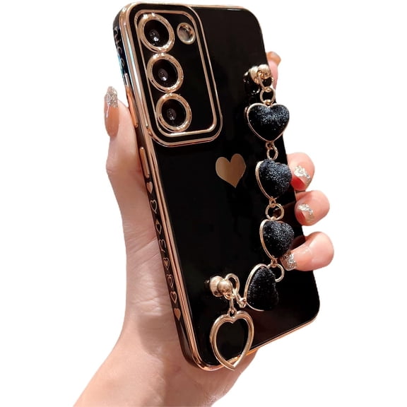 Compatible with Samsung Galaxy S23 Plus 5g 6.6" with Aesthetic Heart Chain Bracelet Strap Luxury Plating Cute Love Heart Cover for Women Camera Protection Soft Shockproof Bumper (Black)