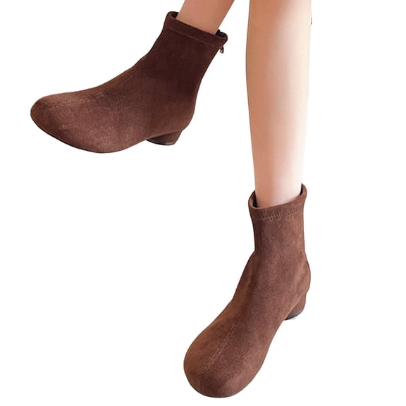 Women's Slip On Suede Fall Boots Comfortable Wide Toe Box Block Low Heel Dress Booties with Back Zipper Brown Size 8.5
