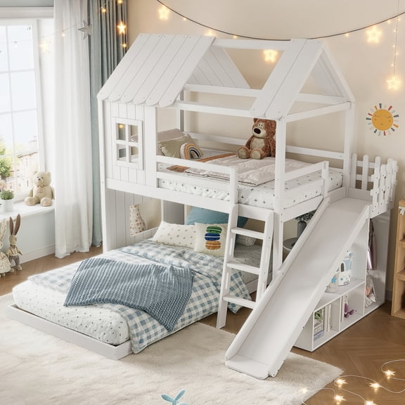 Twin over Full House Bunk Bed, Playhouse Design with Ladders, Slides, Storage Shelves and Wardrobe,Light White