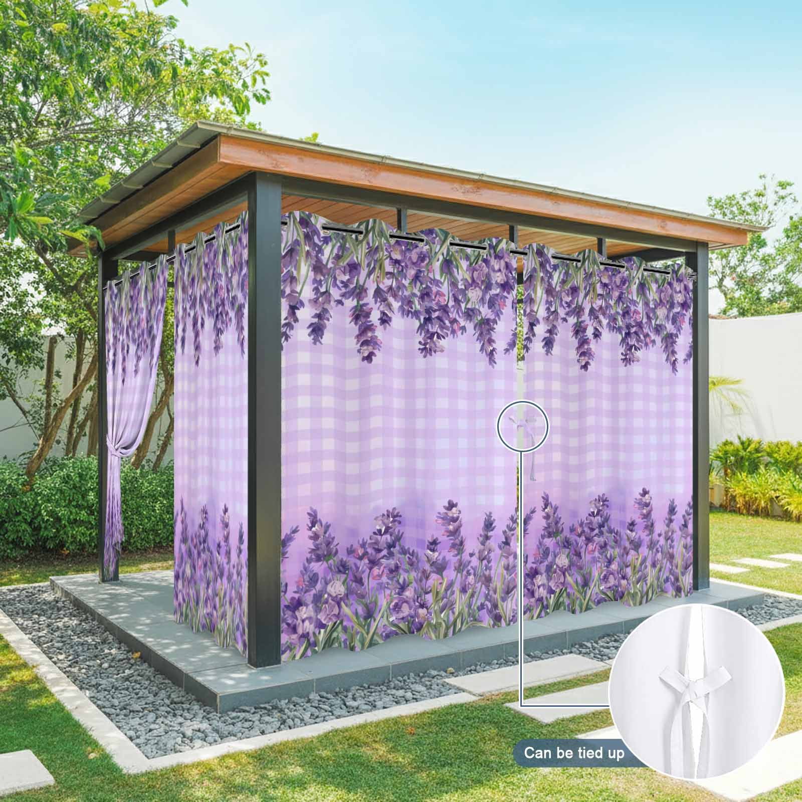 Outdoor Curtains for Patio Waterproof, Purple Lavender Outdoor Privacy Panels Grommet, Spring Watercolor Wildflowers Plant Plaid Blackout Outside Curtains for Porch/Cabana 54"x84", 2 Panels