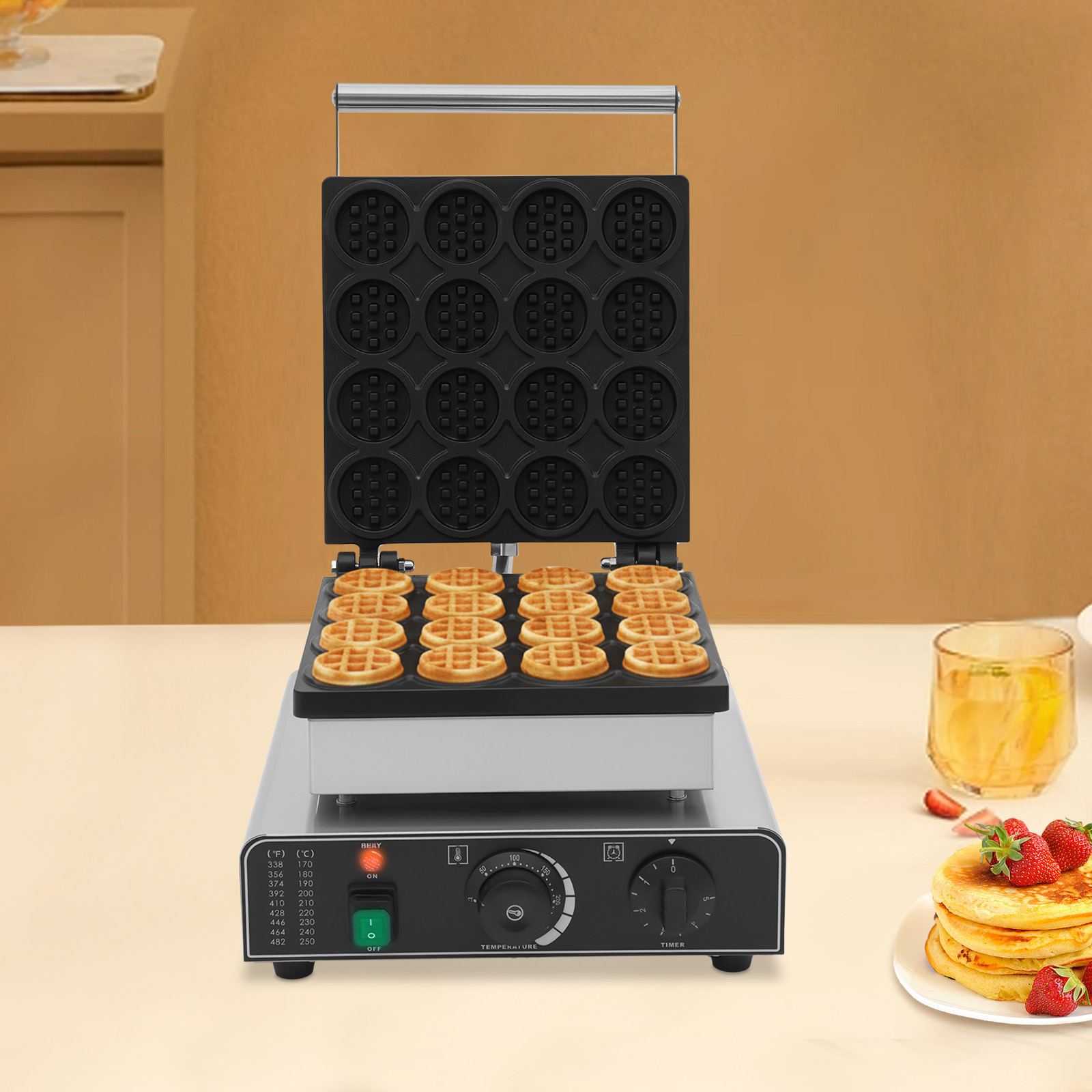 32*32*24cm 16 Grids Silver Commercial Waffle Maker Tabletop Round Electric Waffle Machine with Temperature Control