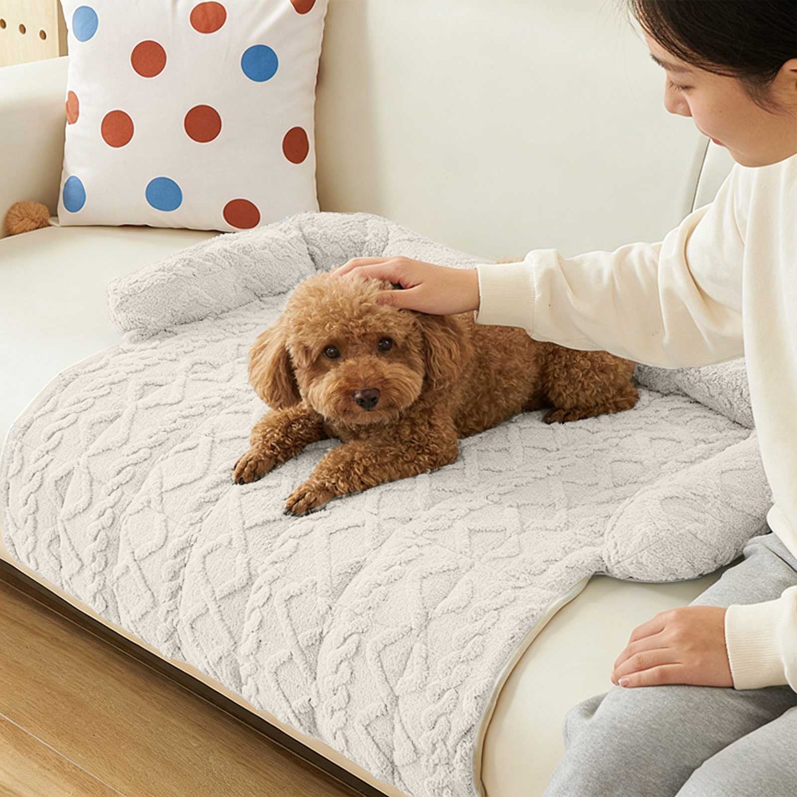 Funny Fuzzy Dog Bed & Sofa Protector - Reversible Plush Pet Couch Cover with Bolster, Calming Fluffy Mat for Dogs and Cats, Washable Furniture Guard