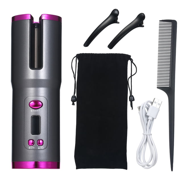 Rechargeable Automatic USB Hair Curler with 5000mAh Battery, 150-200℃ Adjustable Temperature, Intelligent Constant Heat Protection, 60-Min Working Time, Purple - Includes Charging Cable, Comb, Hair